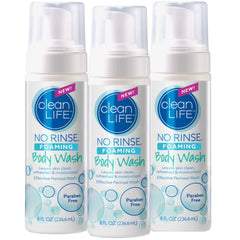 No-Rinse Foaming Body Wash pack of 3 bottles ready for family use and travel.