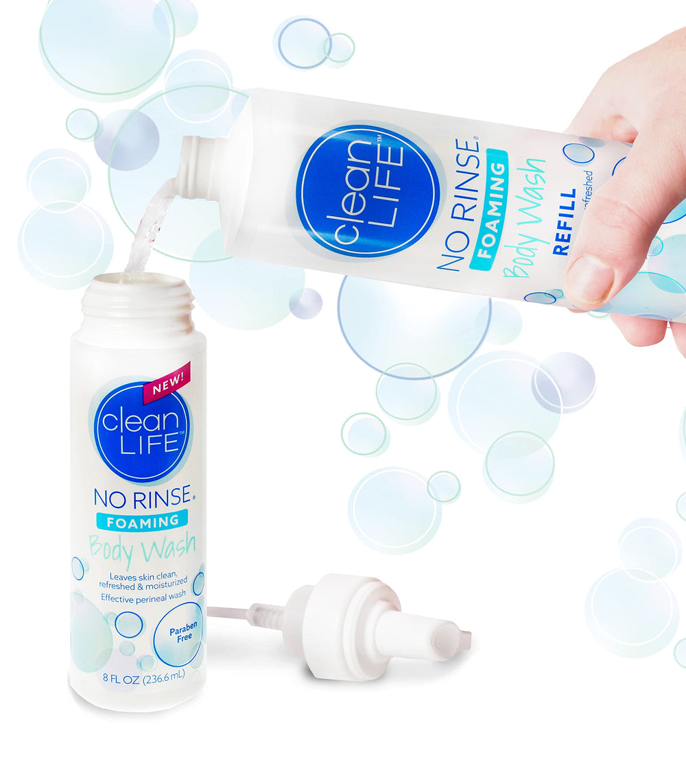 No-Rinse Foaming Body Wash waterless foam application shows quick-clean without rinsing.