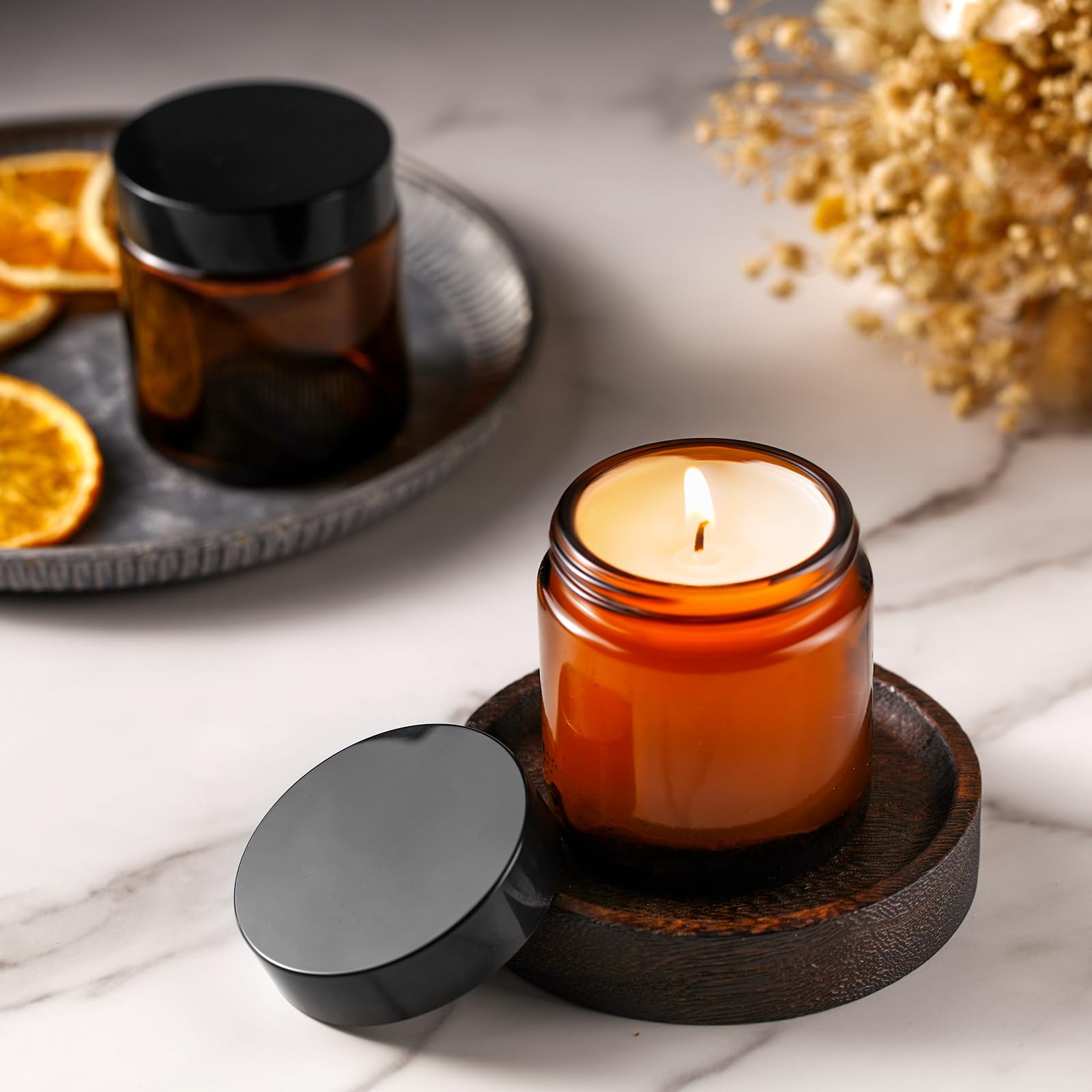 Norme amber glass jar with liner protecting contents