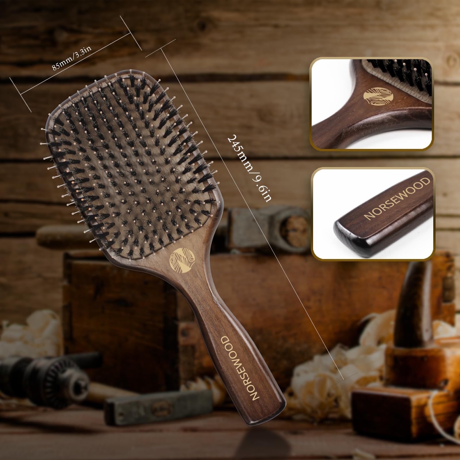 Norsewood detangler brush working through curly hair for smoother styling