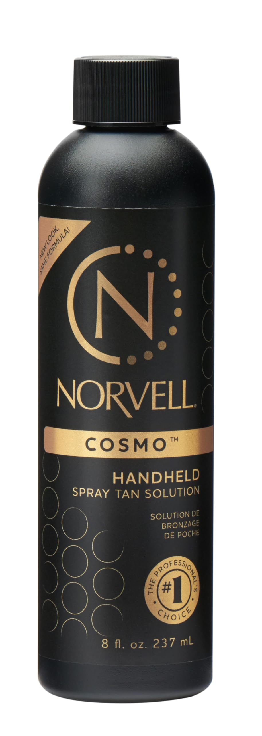 Norvell Cosmo spray tan bottle front shows premium self-tanner for rich, natural tone.