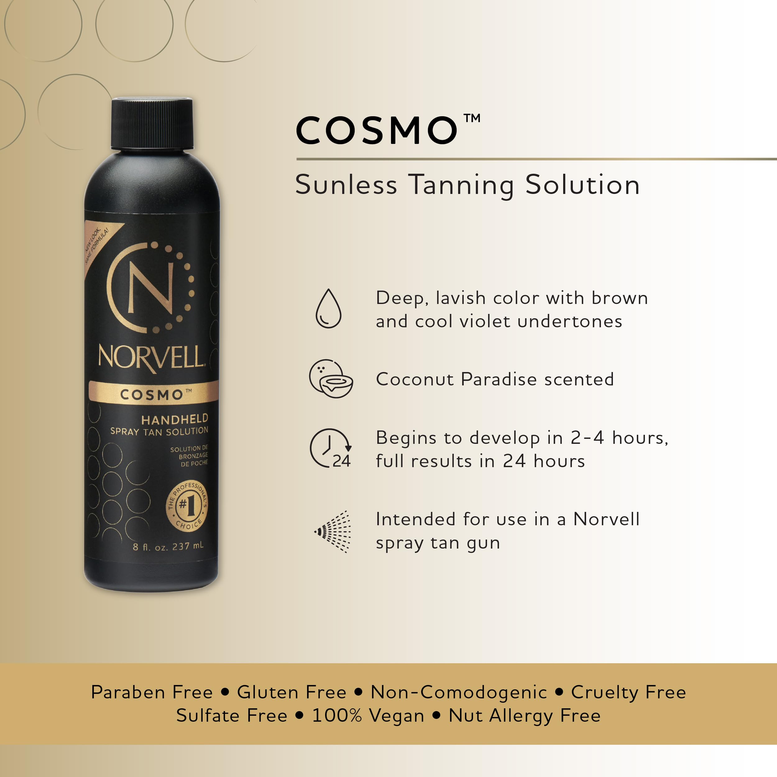 Norvell Cosmo spray tan bottle label highlights dual undertones for warm and violet-brown hues.