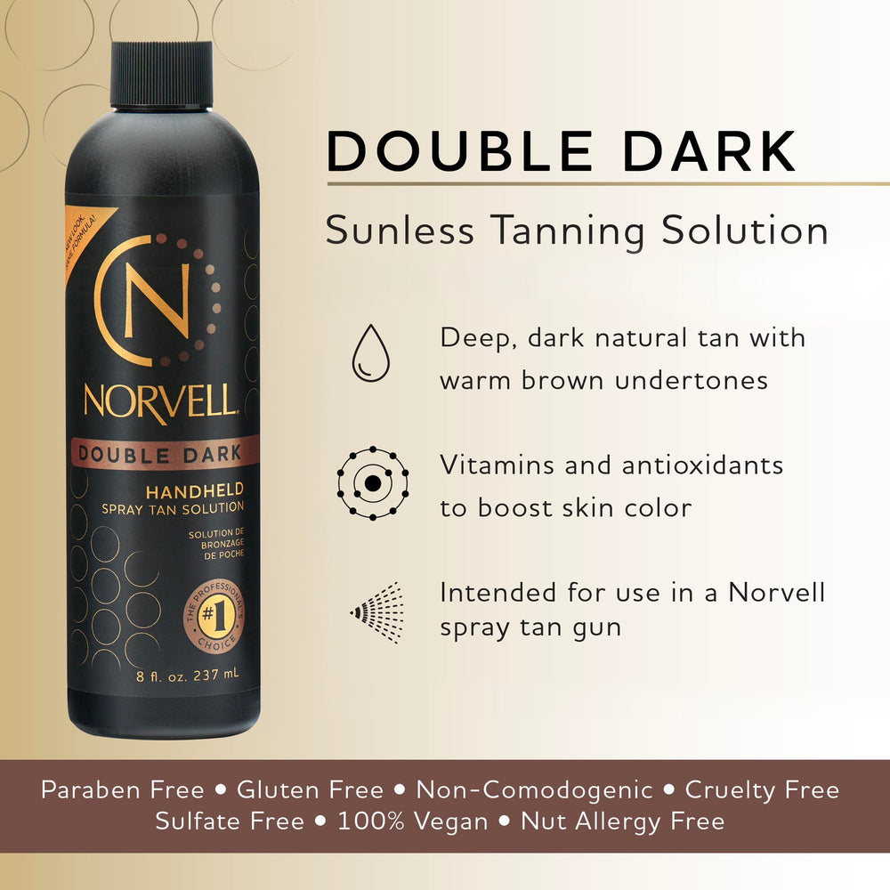 Norvell premium spray tan Double Dark label closeup highlights freshness and expiration date