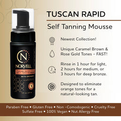 Norvell Tuscan Rapid Self-Tanning Mousse foam closeup shows velvety texture for streak-free finish.