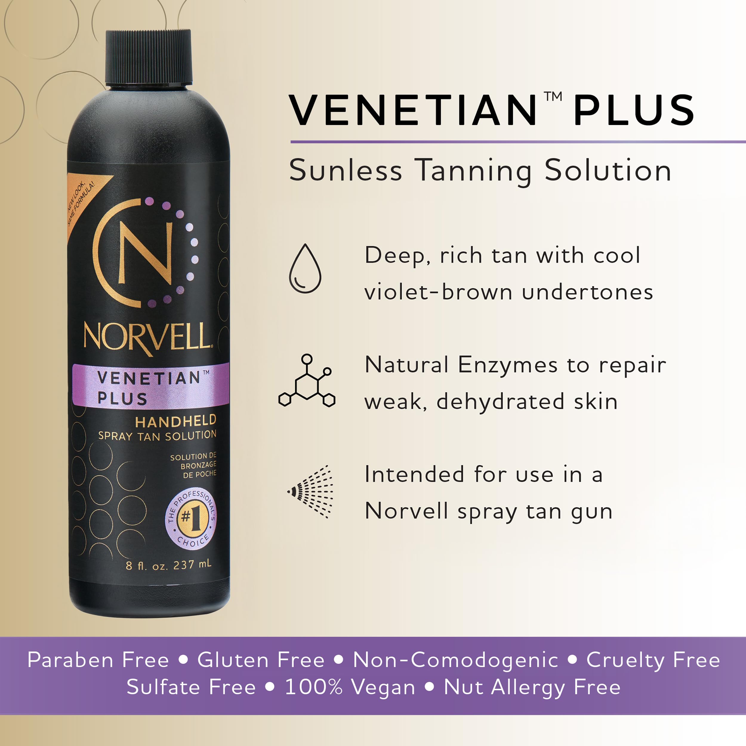 Norvell Venetian Plus packaging highlights paraben-free, skin-friendly formula