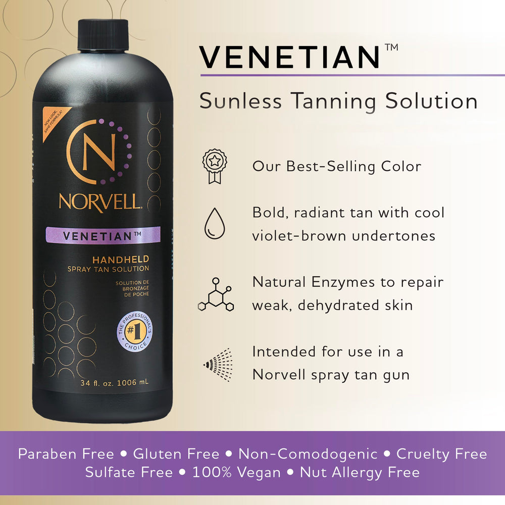 Norvell Venetian spray-tan gun setup demonstrates easy, even coverage for professional results.