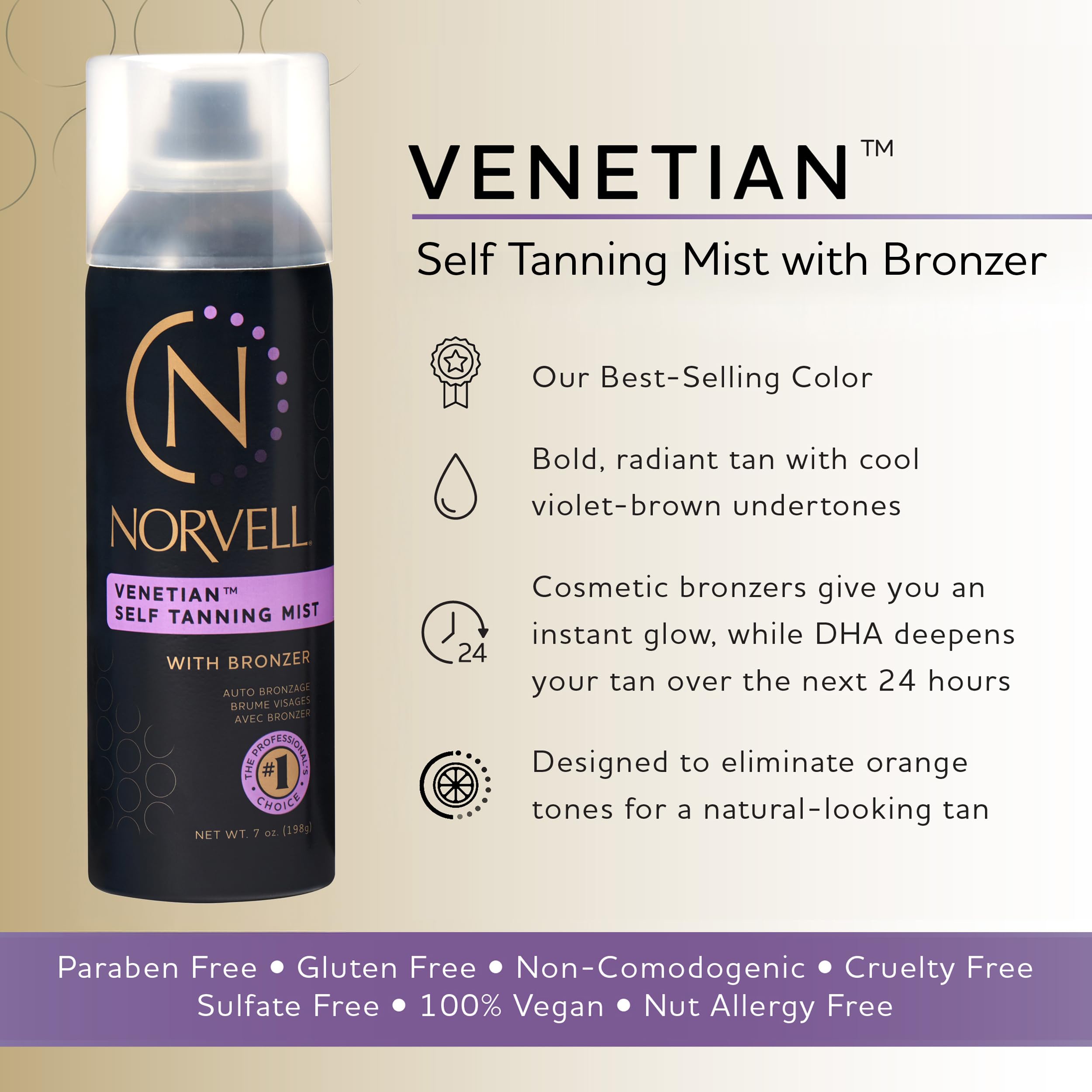 Norvell Venetian Sunless Mist spray nozzle enables smooth, hands-free coverage.