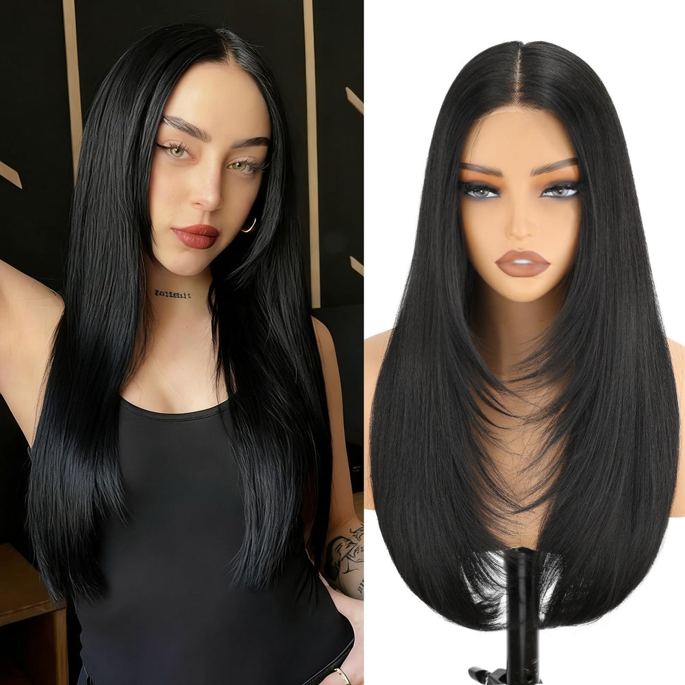 NOSTALGIA black wig close-up highlighting shine and realistic texture.