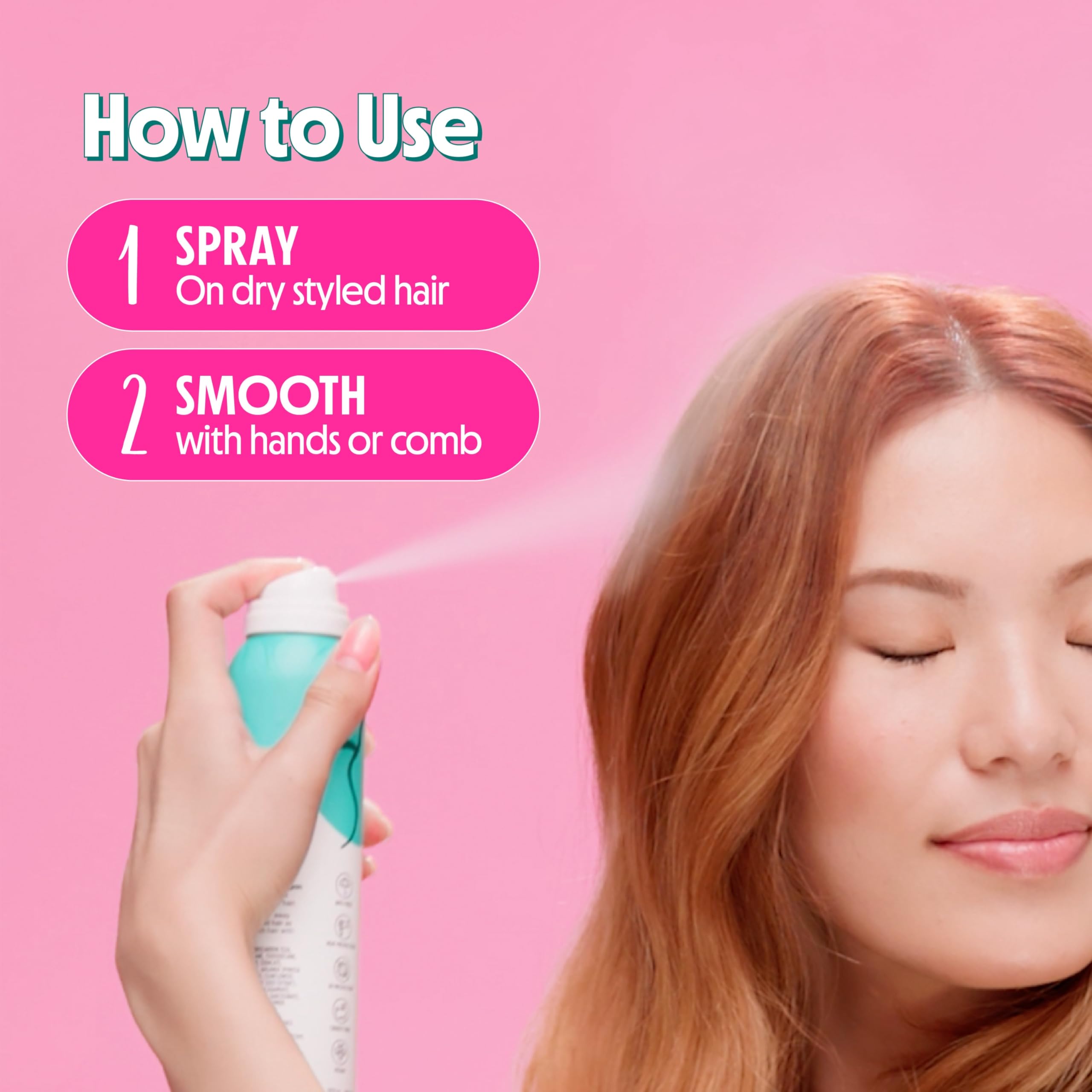 Application shot of All Eyes On Me de-frizz spray on hair for styling between washes