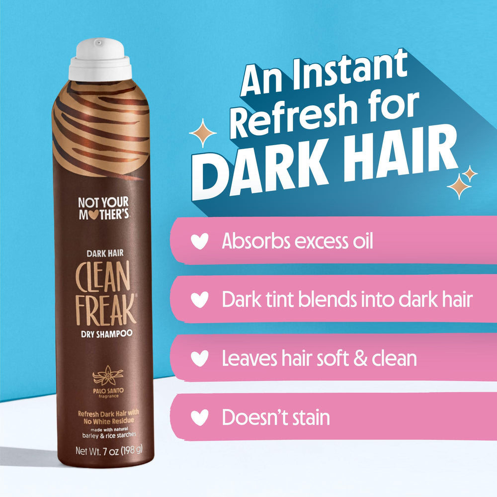 Not Your Mother's Clean Freak Dark Hair Dry Shampoo brunette-tinted powder blends with dark hair.