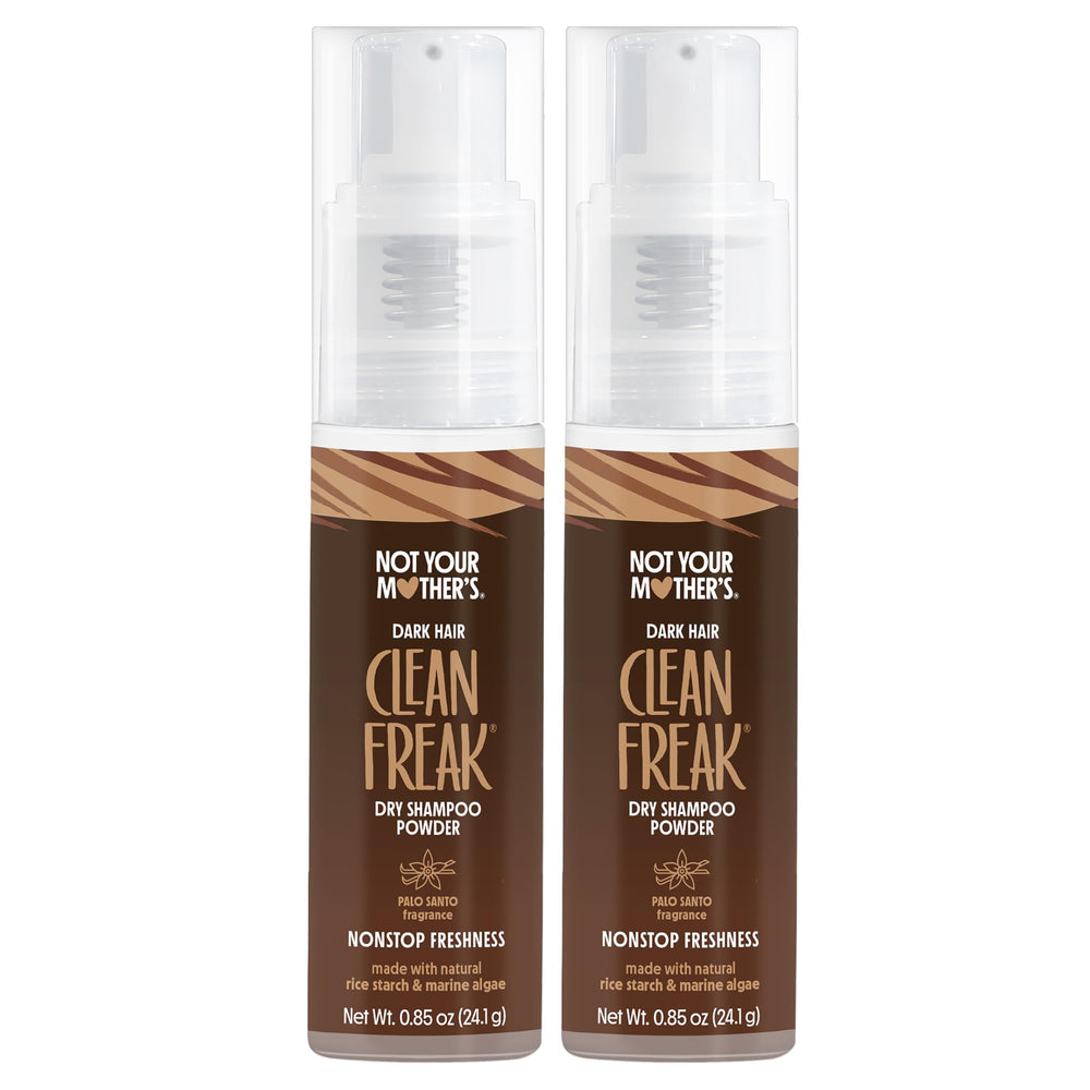 Not Your Mother's Clean Freak dark hair dry shampoo powder application highlights oil absorption for refreshed roots.