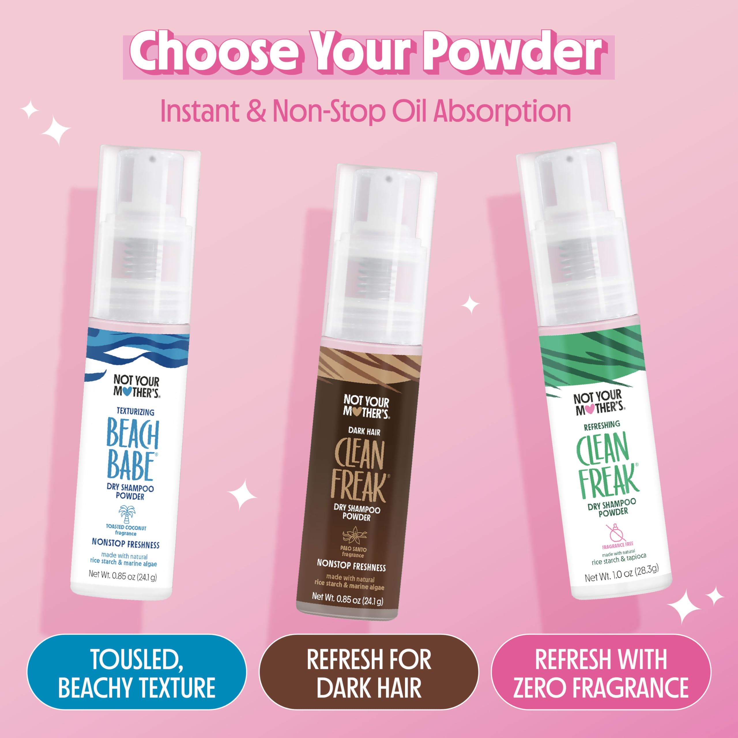 Not Your Mother's Clean Freak dark hair dry shampoo powder marine algae provides continuous oil control.