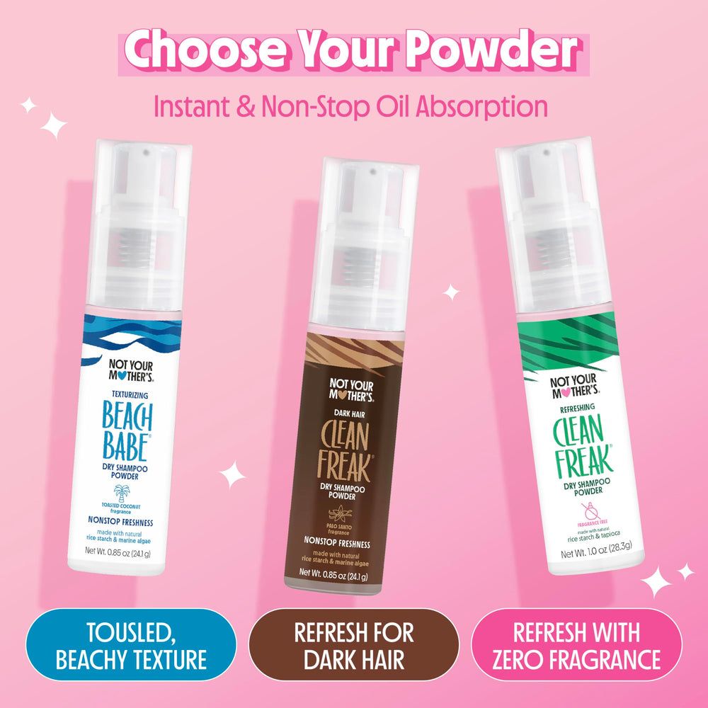 Not Your Mother's Clean Freak dark hair dry shampoo powder marine algae provides continuous oil control.