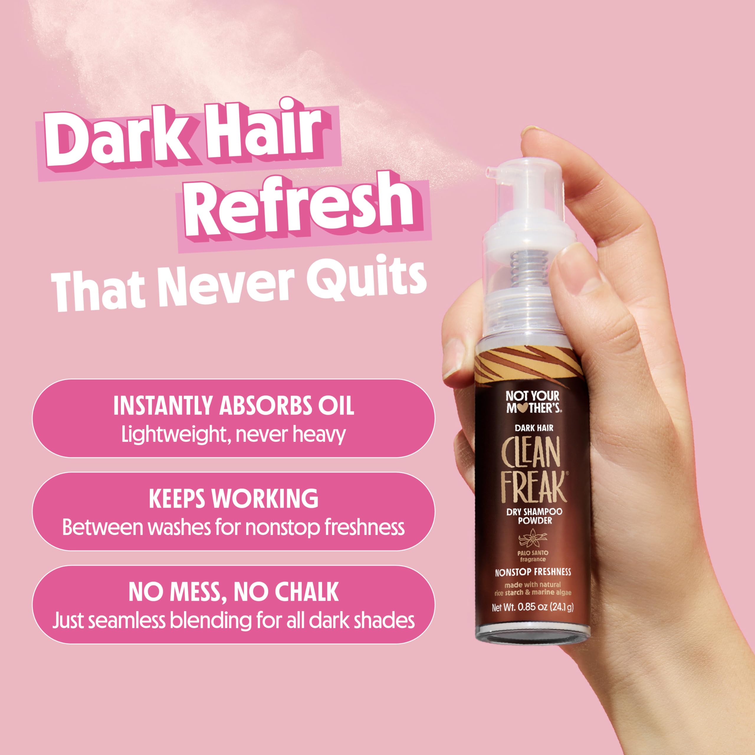 Not Your Mother's Clean Freak dark hair dry shampoo powder tinted formula blends with dark hair.