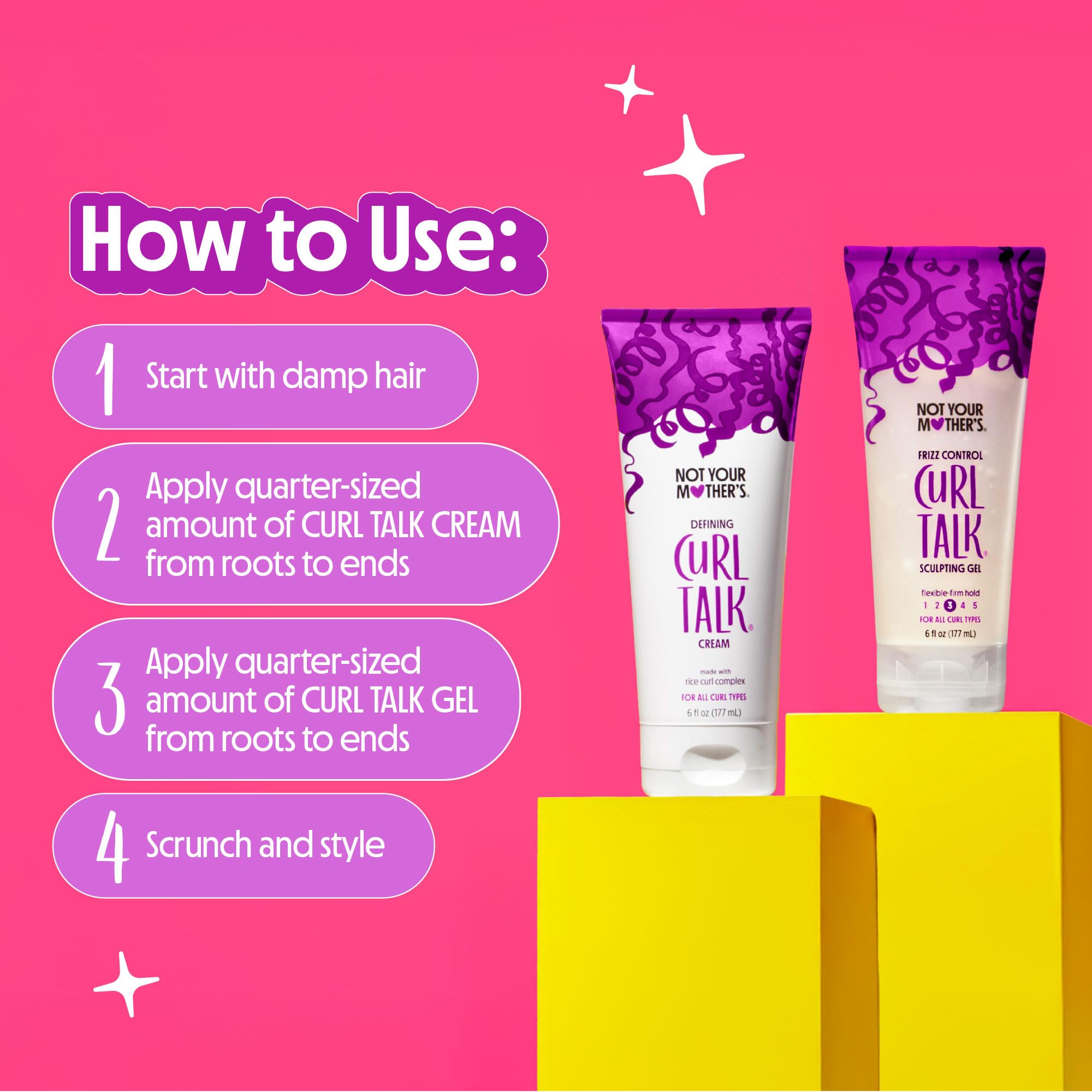 Not Your Mother's curl talk 2-pack front with gel and cream for versatile styling.