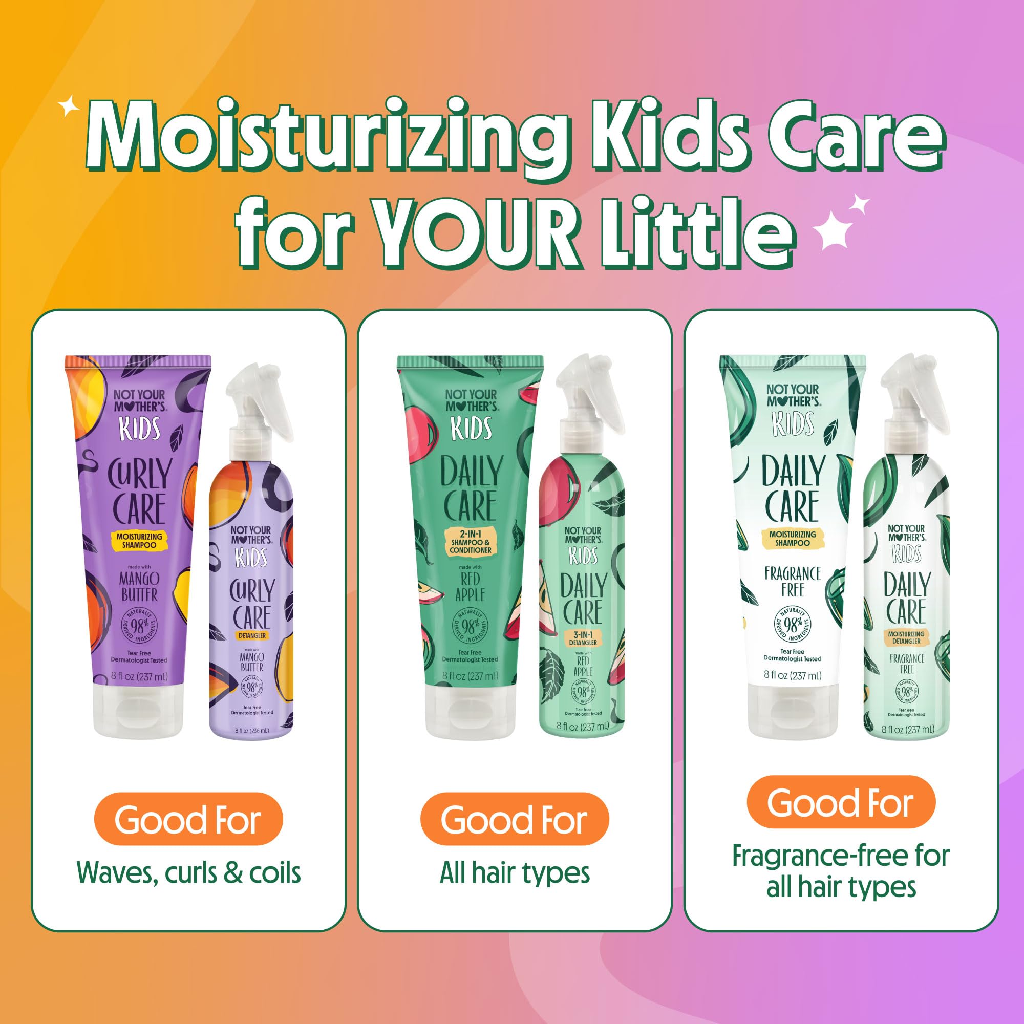 Not Your Mother's Kids fragrance-free detangler spray on hair demonstrates quick, painless manageability.