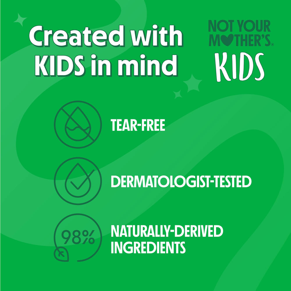 Not Your Mother's Kids fragrance-free shampoo lather closeup suggests gentle cleansing without irritation.