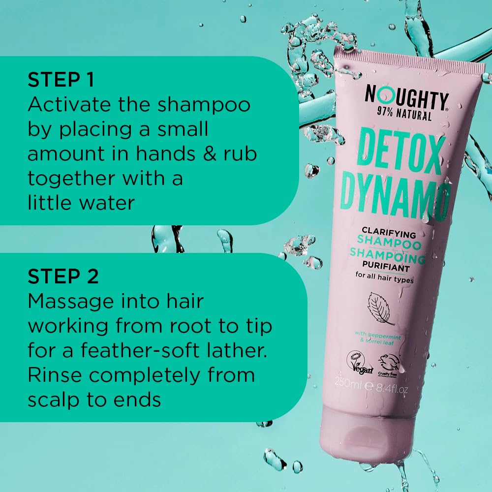 Noughty Detox Dynamo close-up lather on damp hair demonstrates clarifying cleanse.
