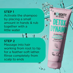 Noughty Detox Dynamo close-up lather on damp hair demonstrates clarifying cleanse.