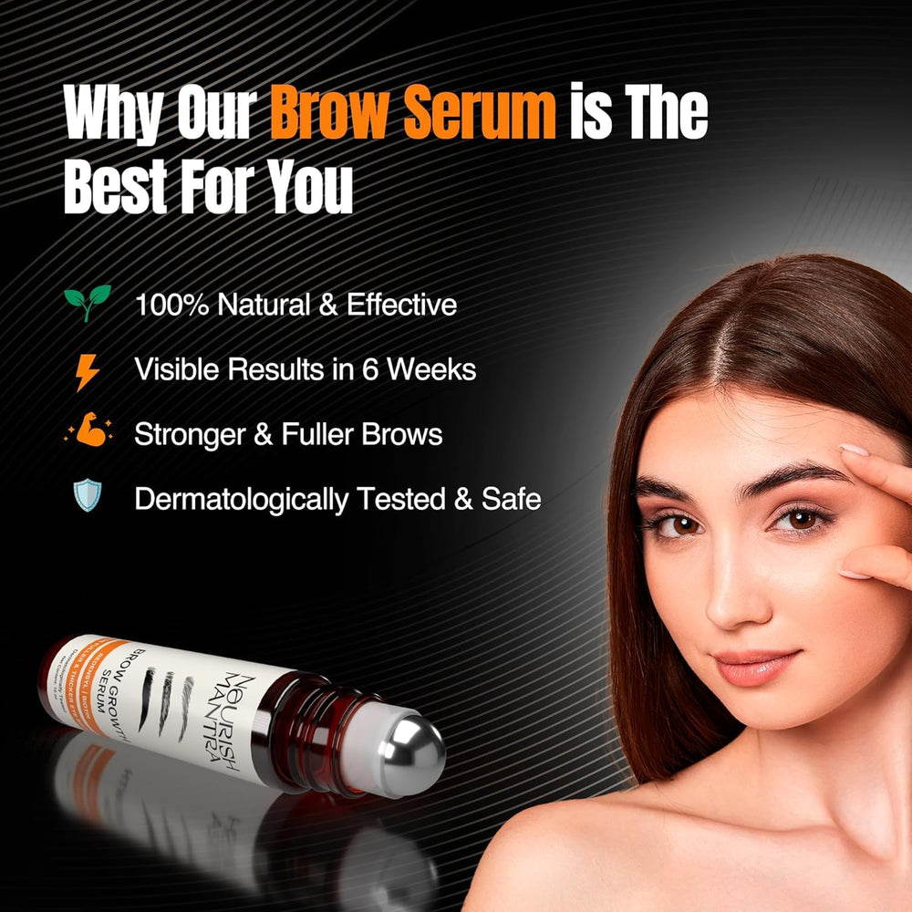 NOURISH MANTRA Eyebrow Growth Serum brush application shows precise application and brow shaping
