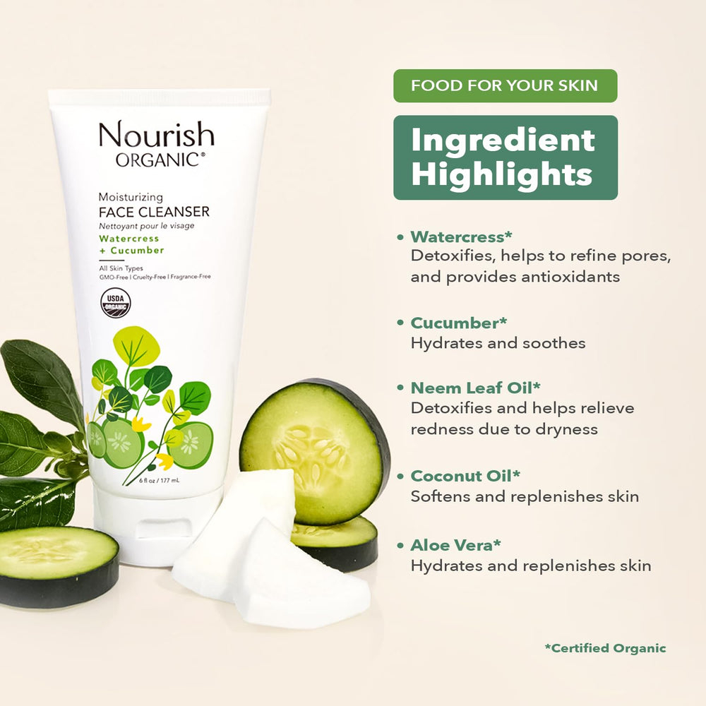 Nourish Organic face cleanser with cotton round in-use—eco-friendly routine and reusable benefit.