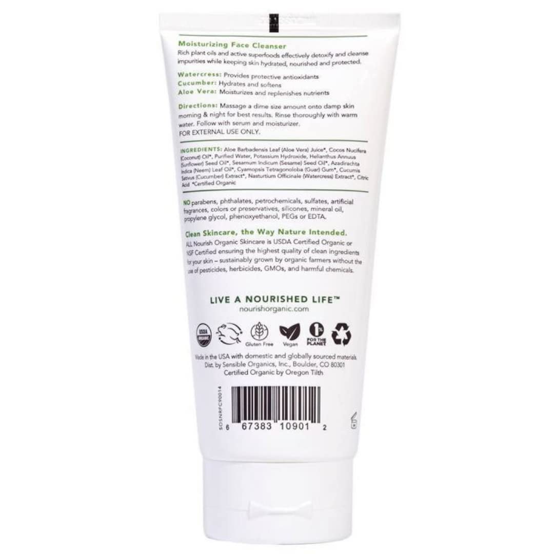 Nourish Organic foaming cleanser close-up—gentle lather suitable for sensitive skin.