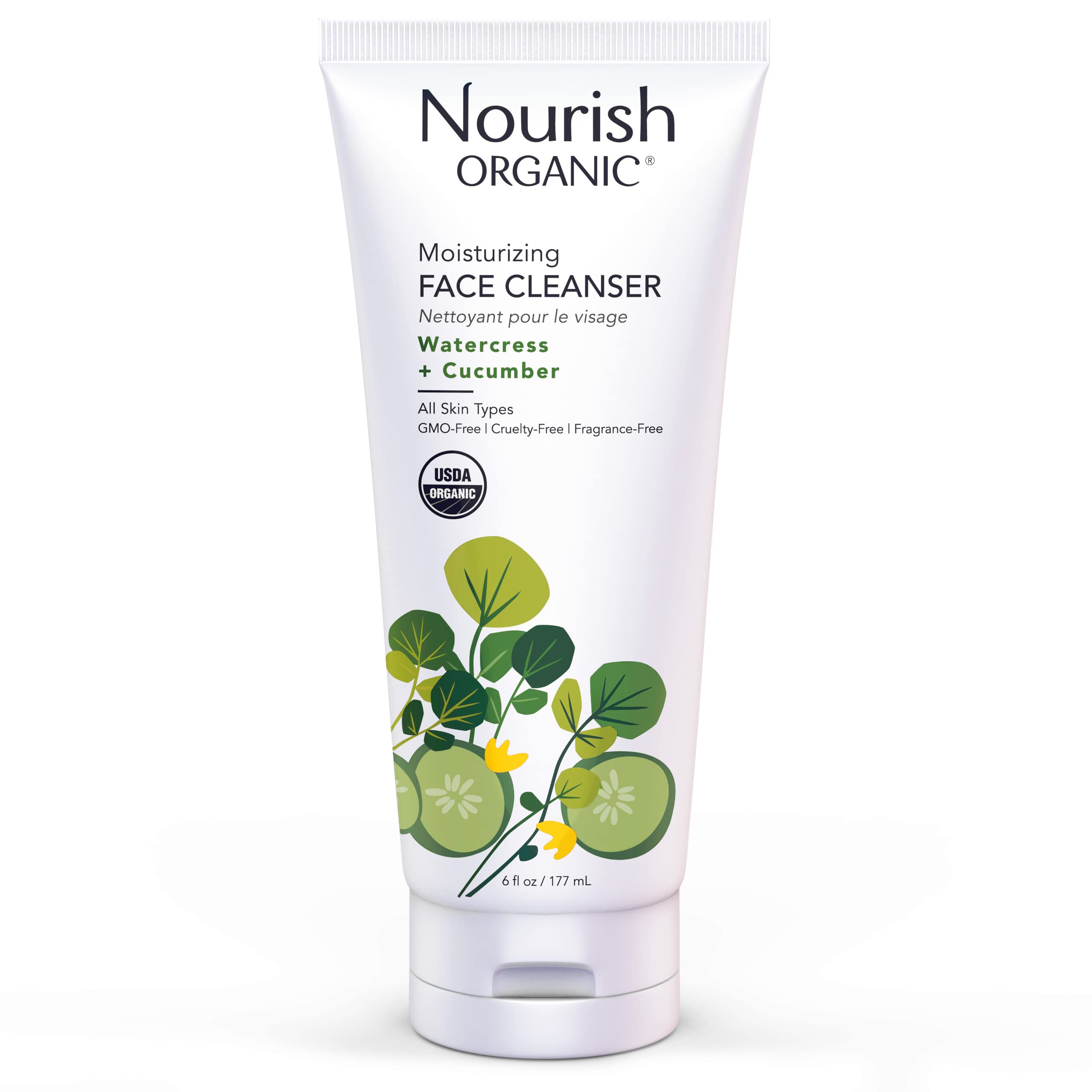 Nourish Organic moisturizing face cleanser bottle—hydrating formula for all skin types.