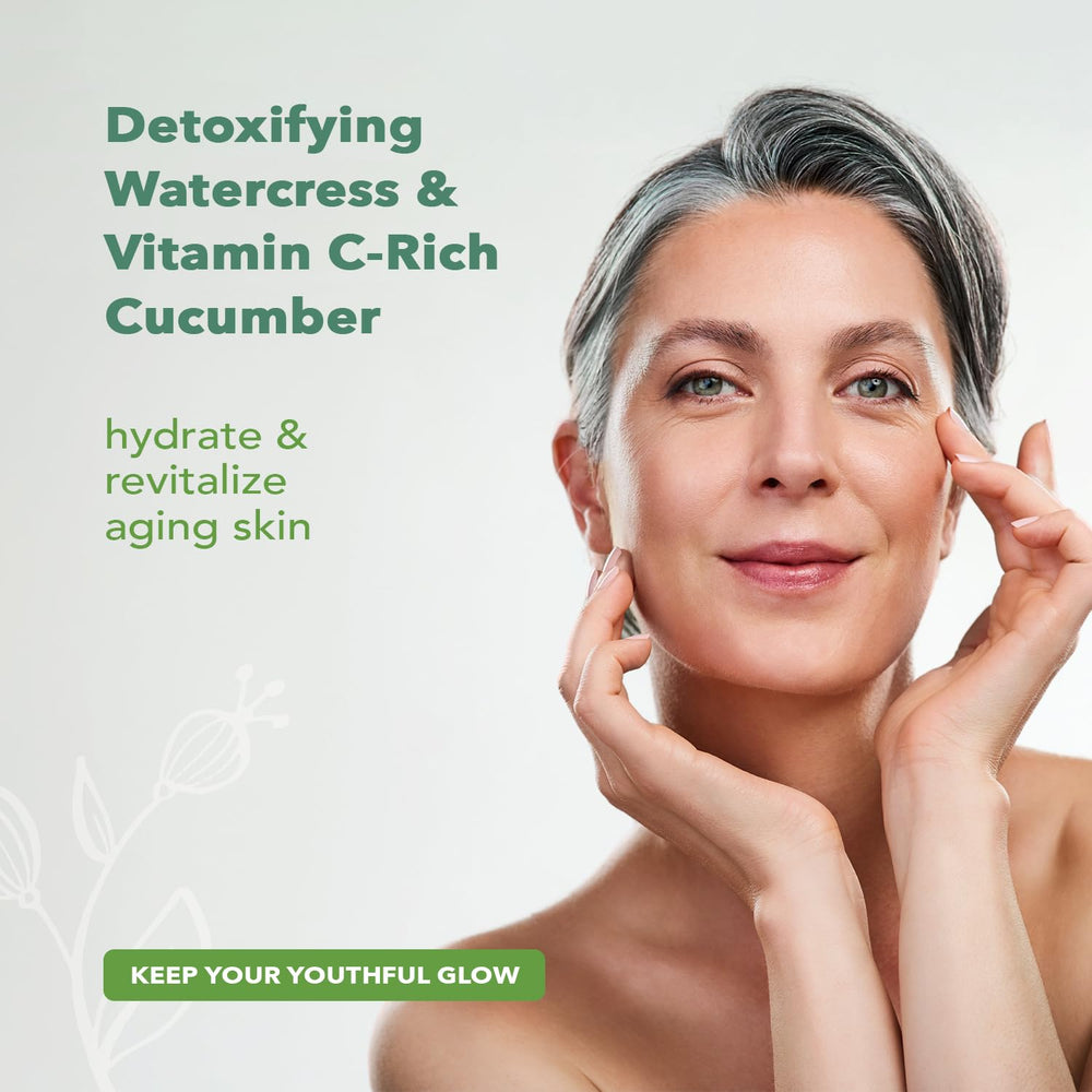 Nourish Organic watercress cucumber ingredients—plant-powered cleansing for refreshed skin.