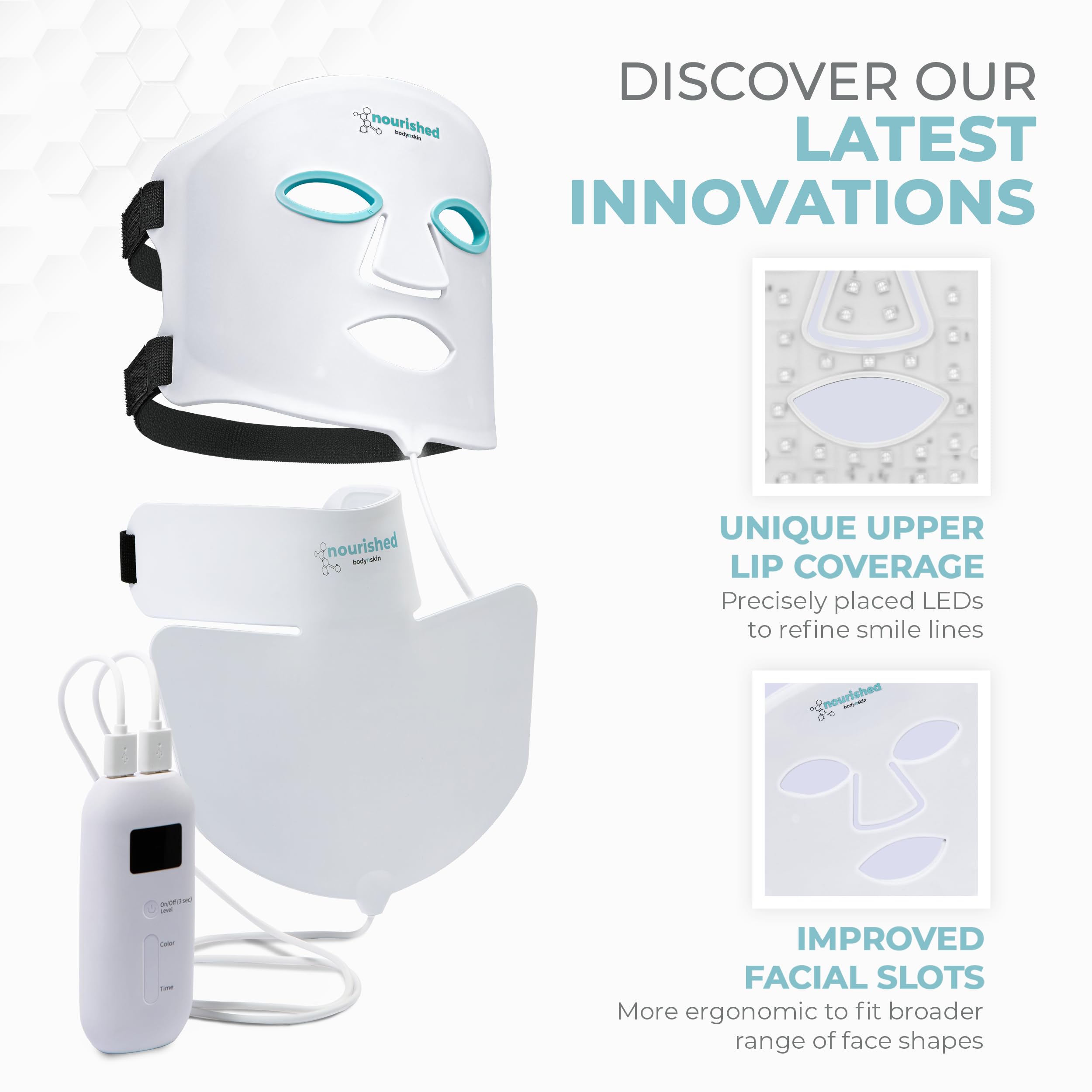 Nourished Bodynskin LED mask hands free operation for uninterrupted sessions