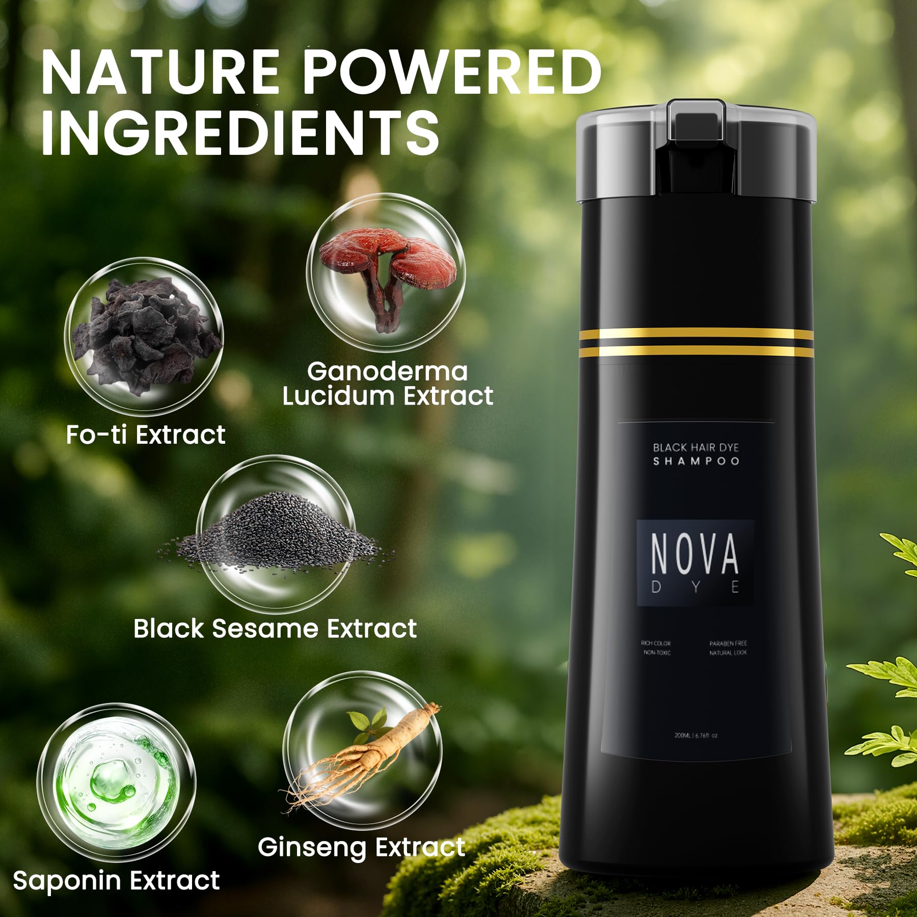 Nova DYE herbal-formula-closeup highlights ginseng and sesame extracts for healthy-feeling hair.