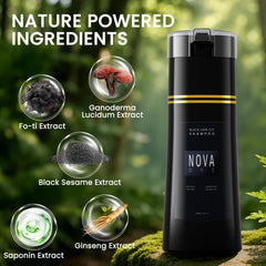 Nova DYE herbal-formula-closeup highlights ginseng and sesame extracts for healthy-feeling hair.