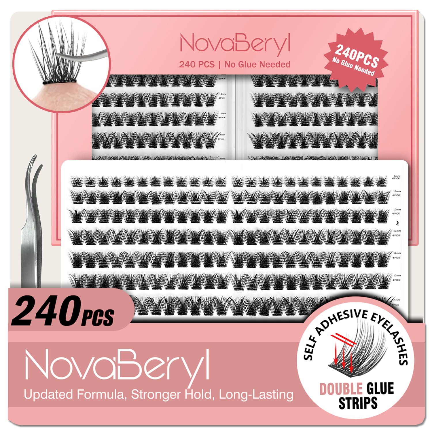 NovaBeryl self-adhesive lash clusters packaging for quick, glue-free routines.