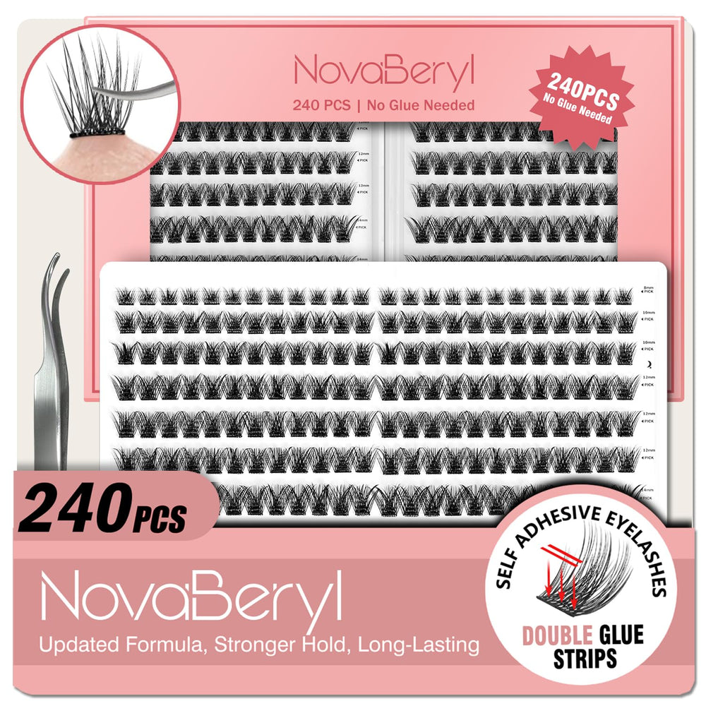 NovaBeryl self-adhesive lash clusters packaging for quick, glue-free routines.
