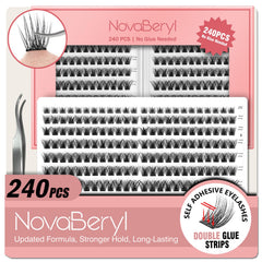 NovaBeryl self-adhesive lash clusters packaging for quick, glue-free routines.