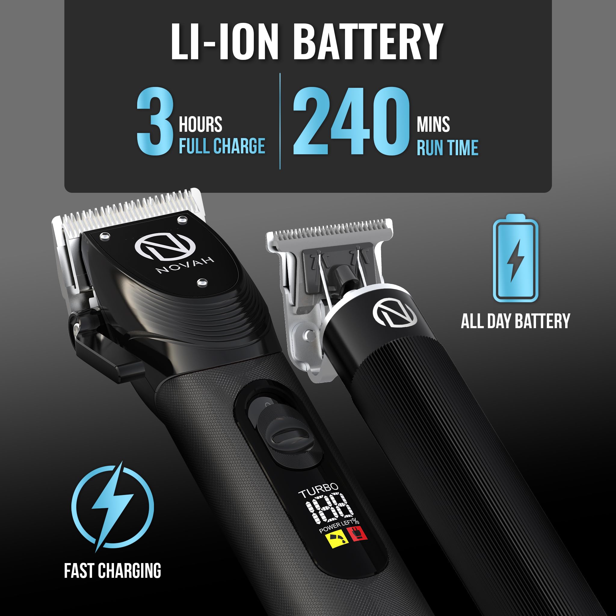 NOVAH Grooming clippers LED display shows battery level and speed.
