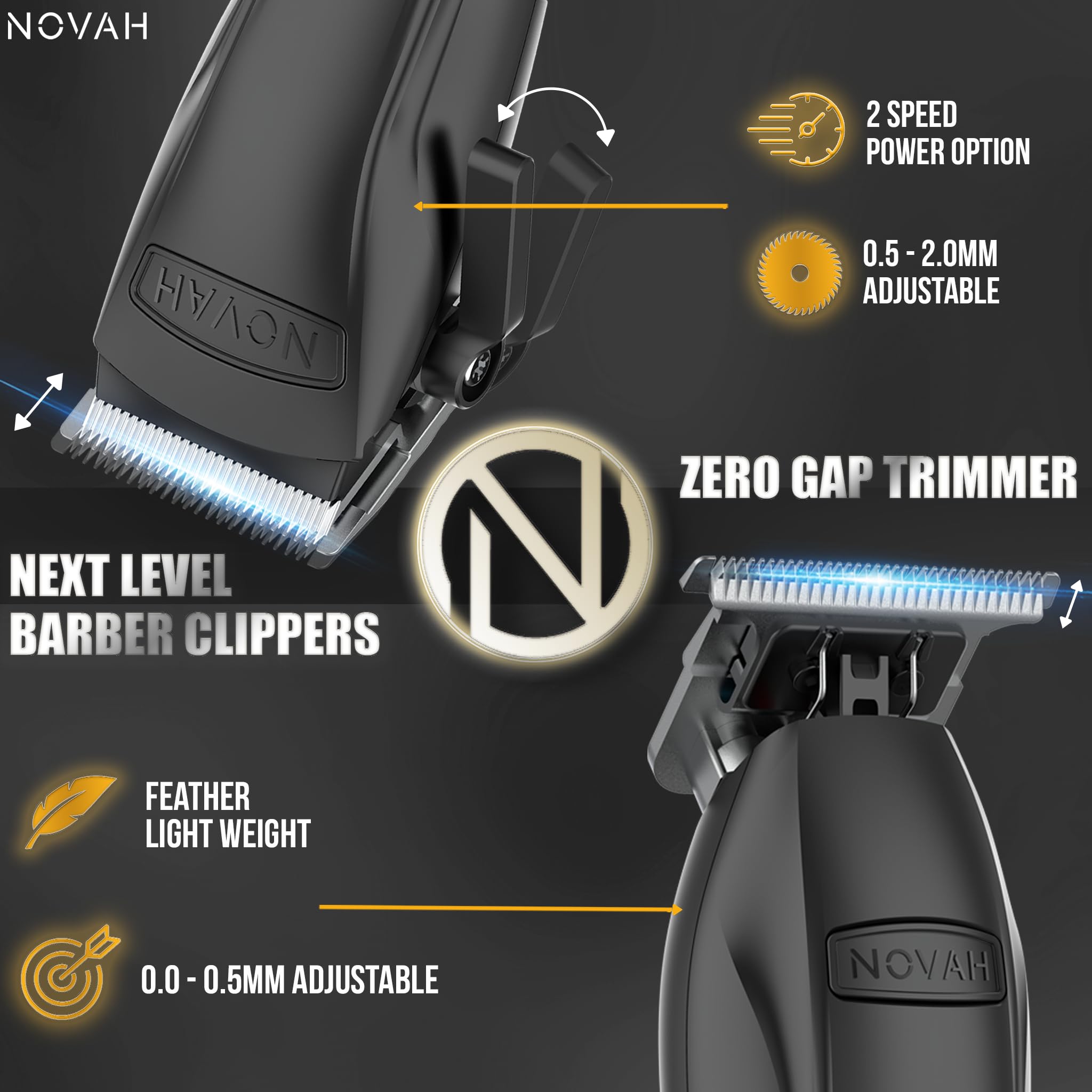 NOVAH Grooming professional hair clipper guard attachments showcase versatile guard options for fades.