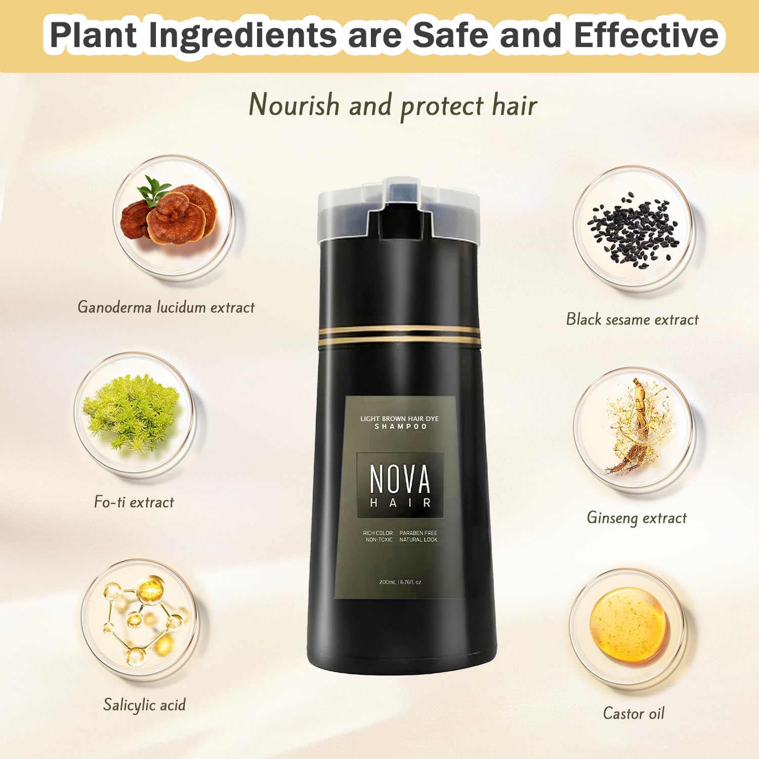 Nova Hair Dye Shampoo being applied without tools for easy coloring.
