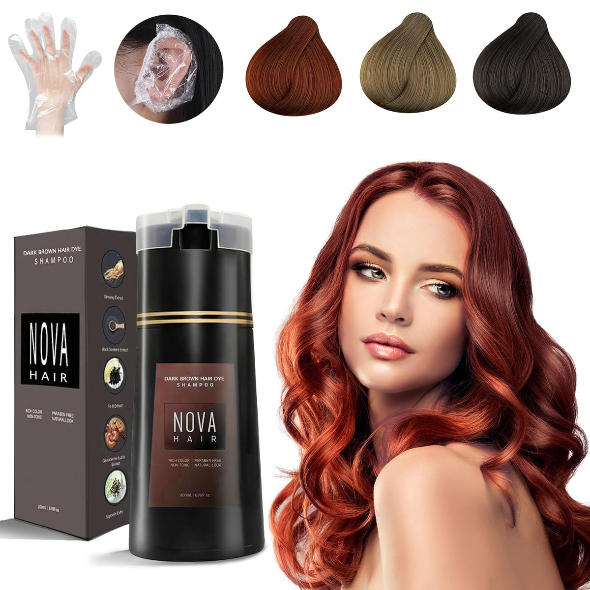 Nova Hair Dye Shampoo packaging highlights 3-in-1 formula.