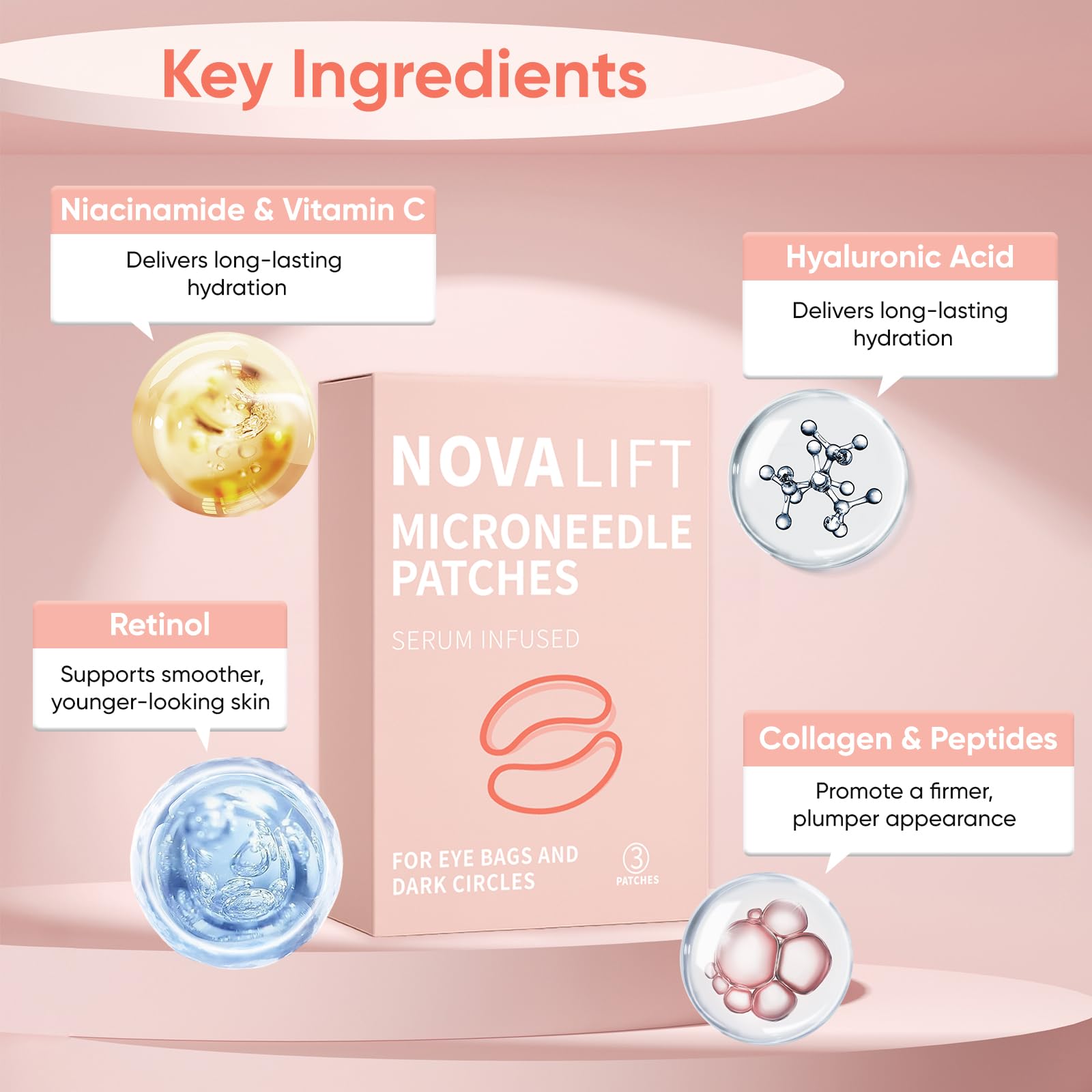 Novalift MicroGlow Eye Patches placed under the eyes for cooling relief.
