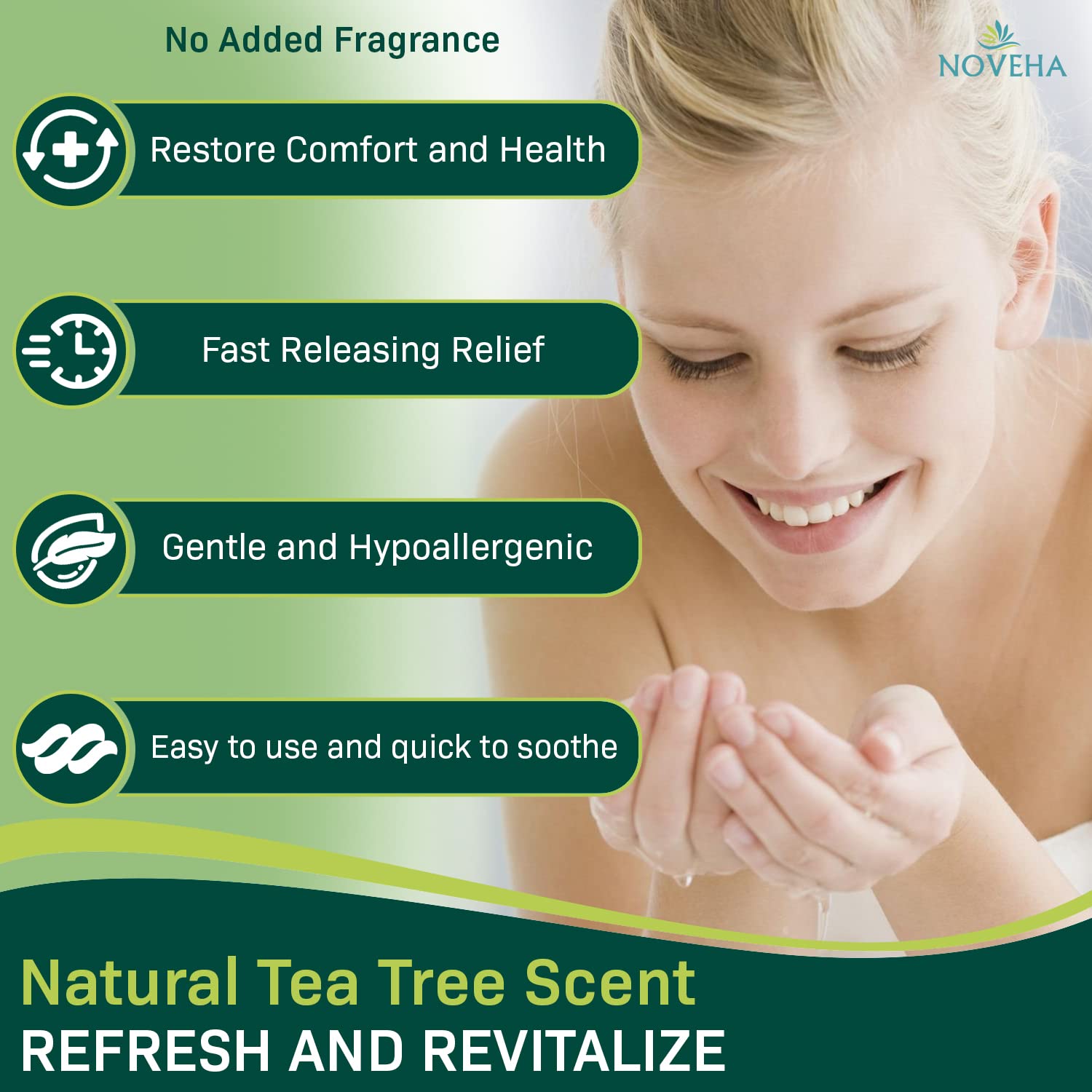 NOVEHA Cucumber extract soothing foam illustrating calm, refreshed eye area after cleansing