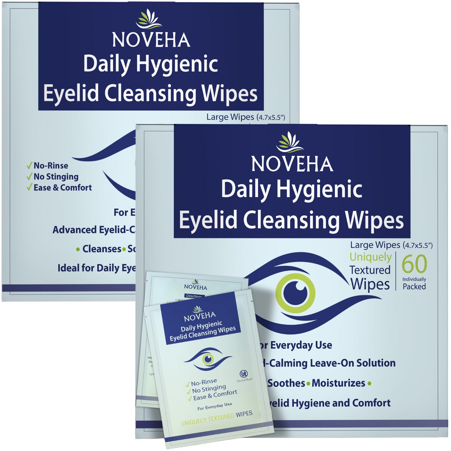 NOVEHA daily eyelid wipes pack front view for gentle daily eye cleansing