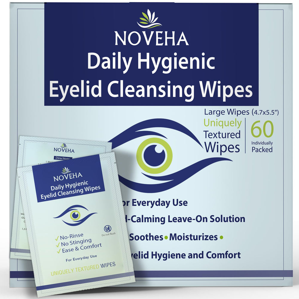 NOVEHA daily eyelid wipes pack shown for convenient, gentle eye hygiene anywhere.