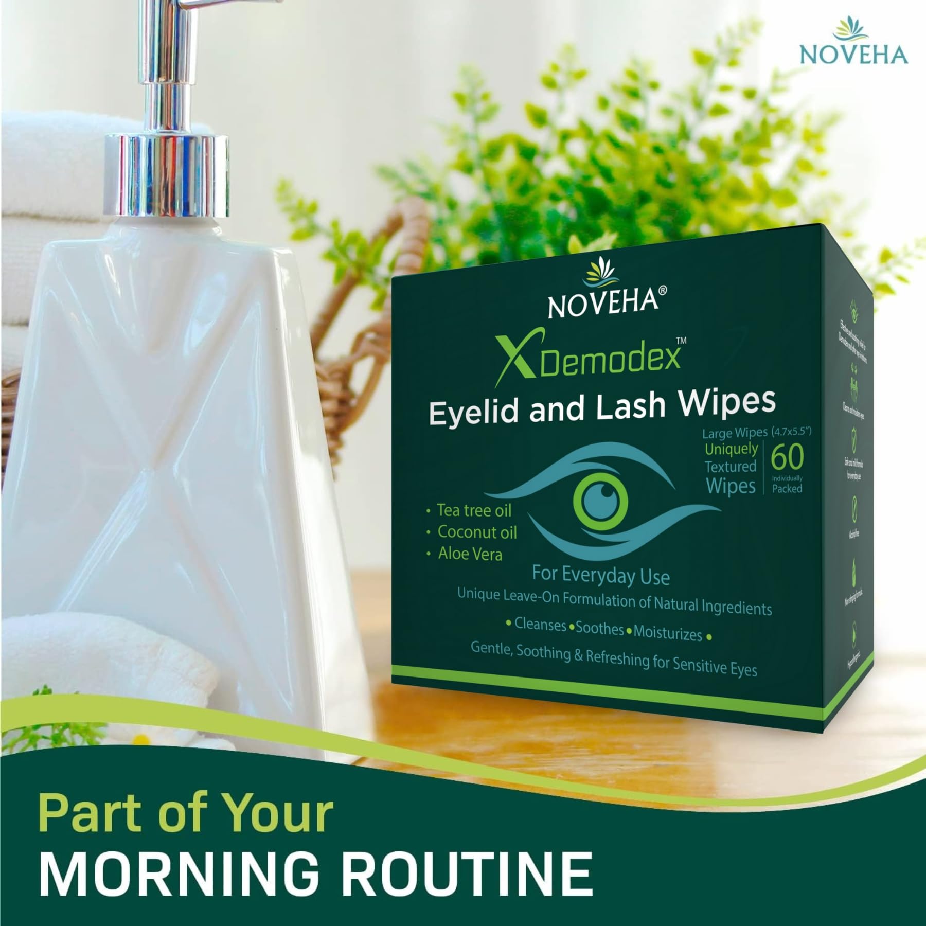 NOVEHA Demodex eye-wipe packaging on shelf emphasizes safety and everyday use.