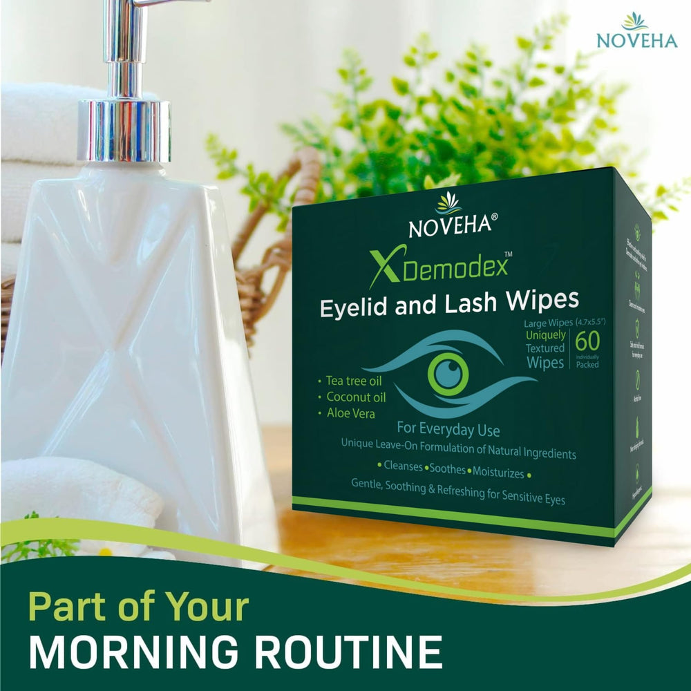 NOVEHA Demodex eye-wipe packaging on shelf emphasizes safety and everyday use.