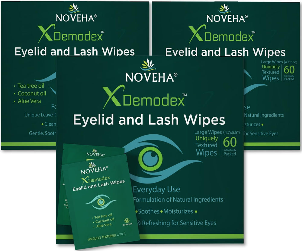 NOVEHA Demodex eye wipes box shows 60 individually wrapped units for on-the-go cleansing.