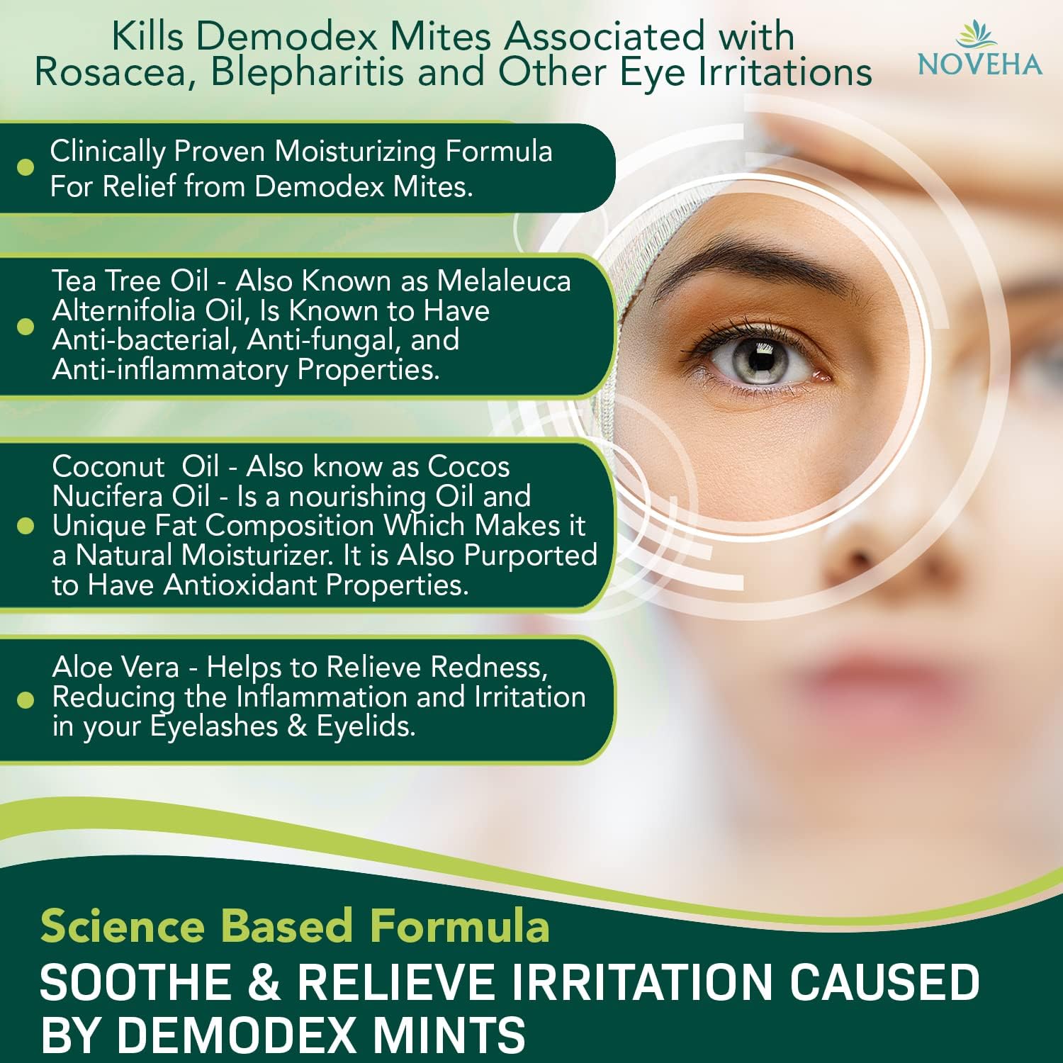 NOVEHA Demodex wipes on hand highlight gentle lid-area cleansing.