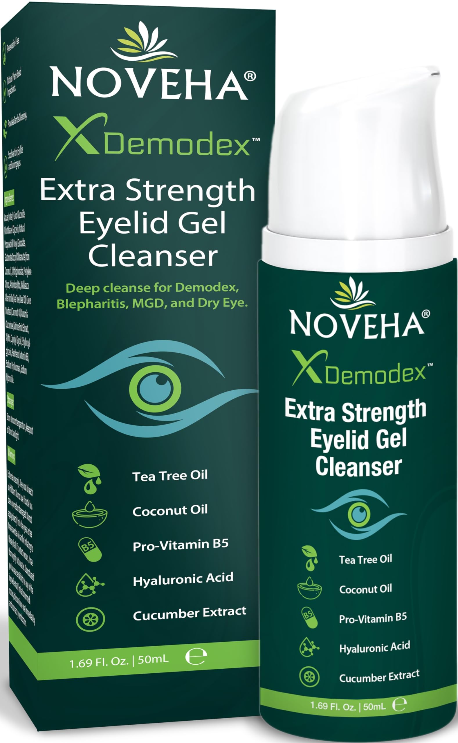 NOVEHA Demodex eyelid gel cleanser bottle for gentle daily cleansing.