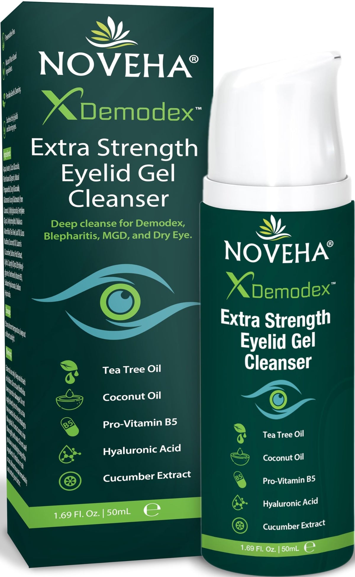 NOVEHA Demodex eyelid gel cleanser bottle for gentle daily cleansing.