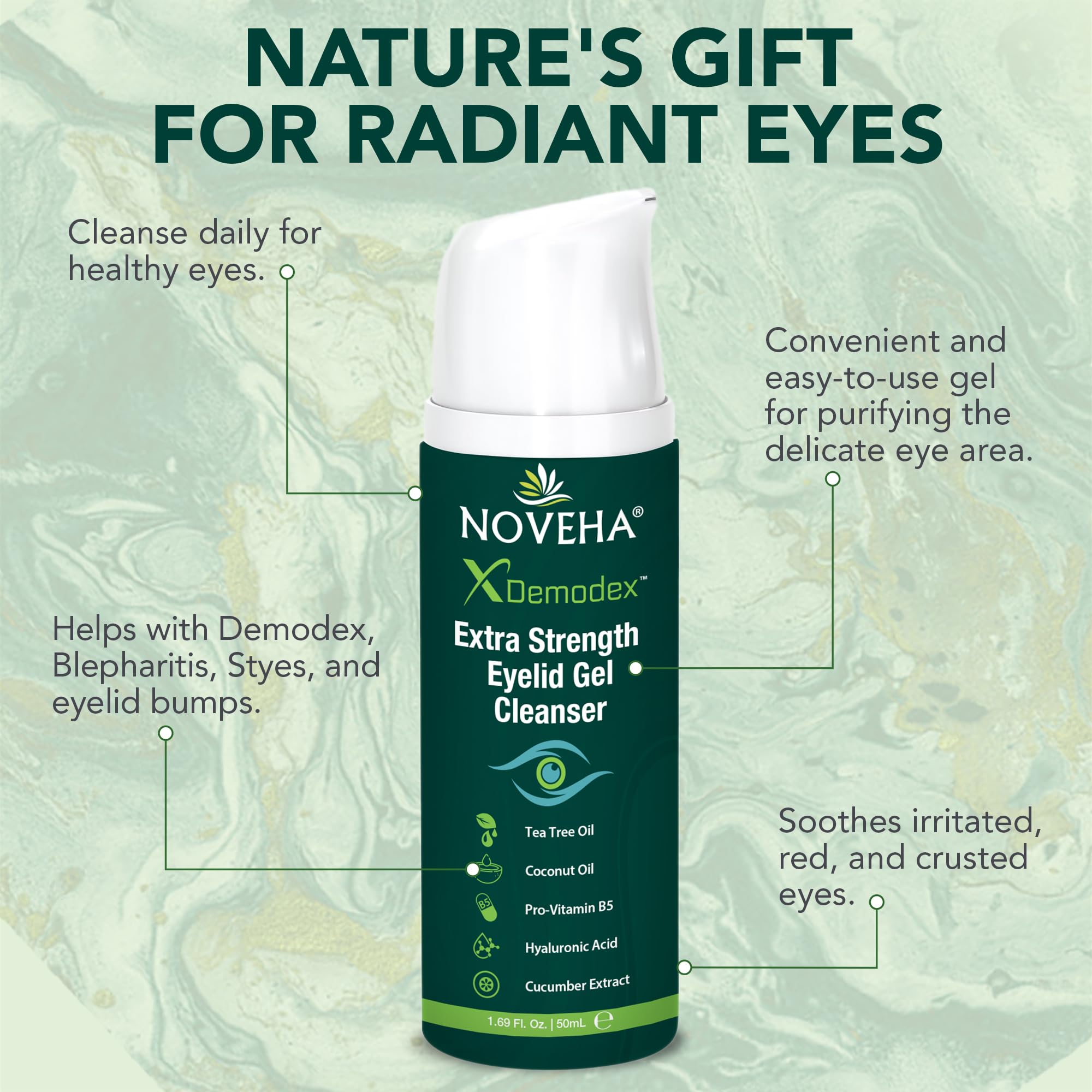 NOVEHA Demodex eyelid gel cleanser packaging shown for soothing eye care.