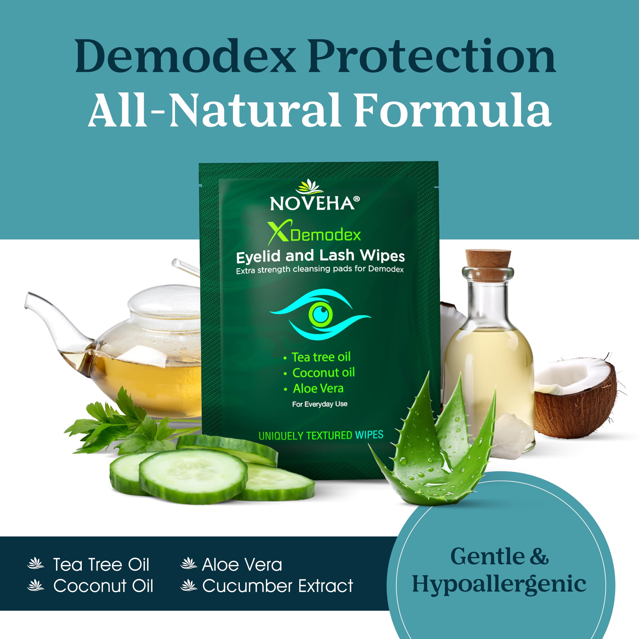 NOVEHA Demodex eye cleanse packaging highlights travel-ready, single-use wipes.
